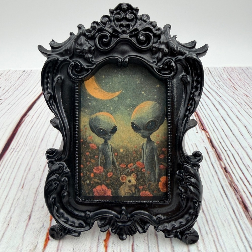 Handmade Alien Decoupage Art Ornate Black Resin Gothic Frame Sci-Fi Decor